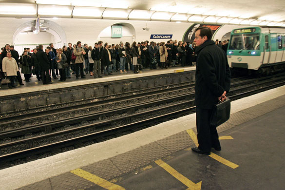 French strike: A commuter on the subway platform at the Saint Lazare station in Paris