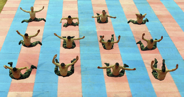 20 March 2009: Wuhan, China: Paramilitary policemen attend an anti terrorism drill