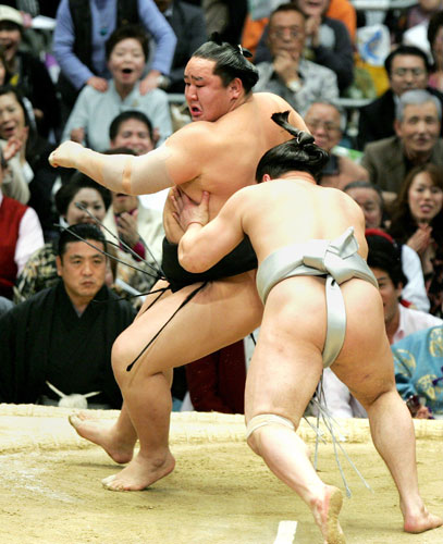 24sport: Sumo grand champion Asashoryu is pushed out of the ring by Harumafuji 