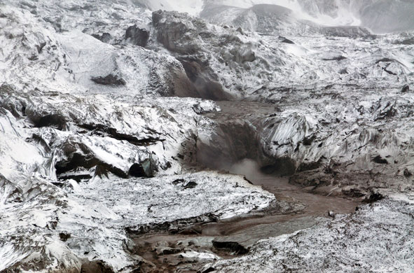 25 March 2009: Mount Redoubt, US: The Drift River Valley is covered with tephra deposits