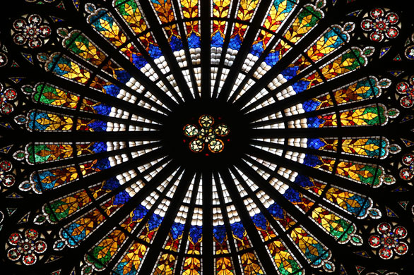 27 March 2009: Strasbourg, France: Light shines through the rose window of the Cathedral
