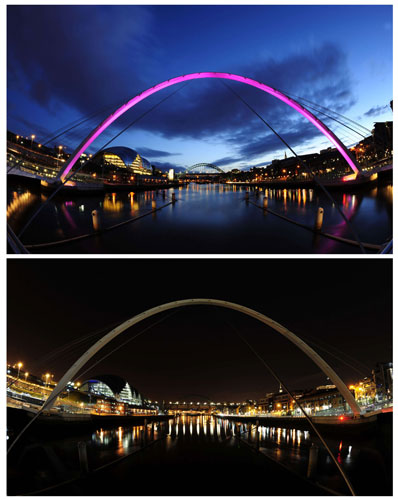Earth Hour:  Millenium bridge over Tyne river before and during Earth Hour in Newcastle