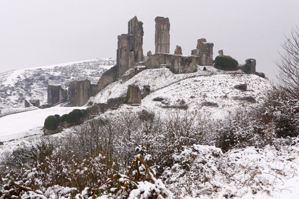 Snow in March: A light covering of snow at Corfe Castle in Dorset