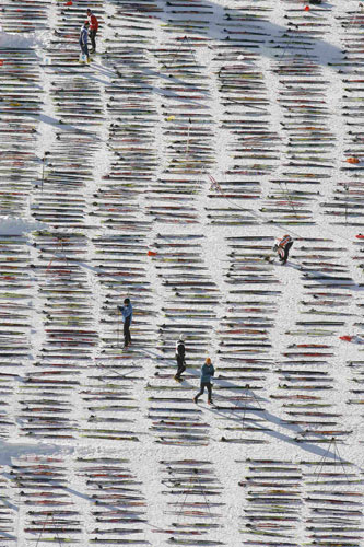 8 March 2009: Maloja, Switzerland: Cross-country skiers stand amongst hundreds of skis