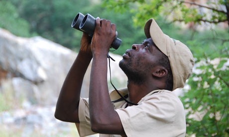 Michael, Stephen Moss's bird guide in Africa, watches for birds in Mpumalanga region of South Africa