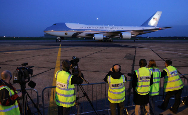 G20 Summit: Air Force One arrives at Stansted Airport, carrying President Barack Obama