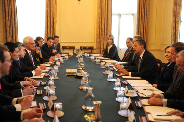 Obama goes to downing st: Barack Obama meets Gordon Brown and the British cabinet