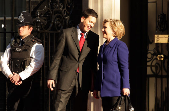 Obama goes to downing st: Secretary of State Hillary Clinton  with Foreign Secretary David Miliband