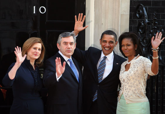 Obama goes to downing st: Barack Obama  Gordon Brown and their wives at Downing Street