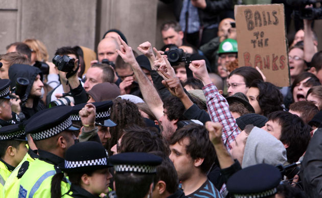 G20 protests and security: Protesters at Bank, during the G20 protests in the centre of London.
