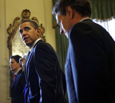1 April 2009: Barack Obama with Tim Geithner following a meeting with Gordon Brown