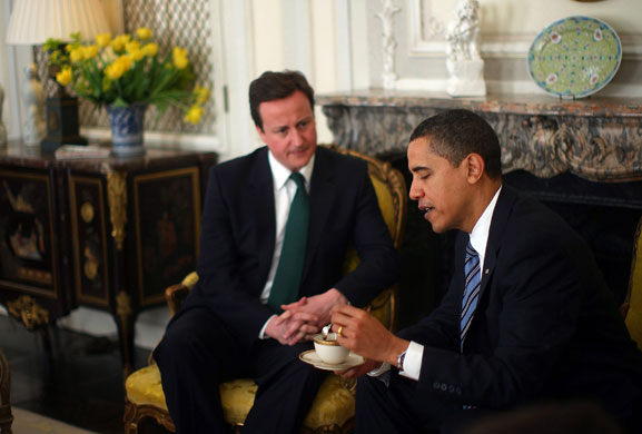 G20 summit: Barack Obama: President Obama Greets David Cameron At The US Ambassador's Residence.