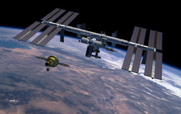 Constellation Program: Nasa Orion spacecraft approaching the International Space Station