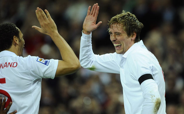 England v Ukraine: Peter Crouch celebrates scoring the first goal of the game