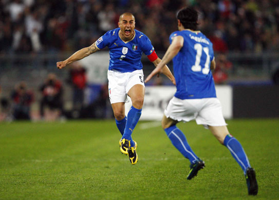 World Cup 2010 Qualifiers: Italy's Iaquinta celebrates with teammate Cannavaro