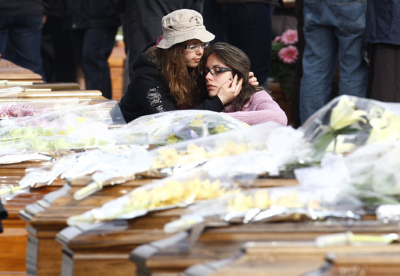 Italy earthquake funerals: Two women between coffins at funerals for earthquake victims in L'Aquila.