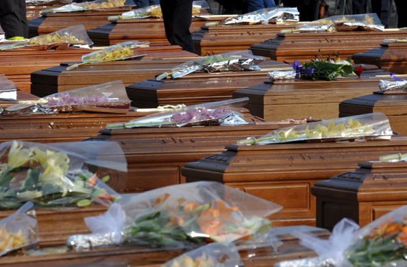Italy earthquake funerals: Dozens of wooden coffins of earthquake victims lined up in L'Aquila.