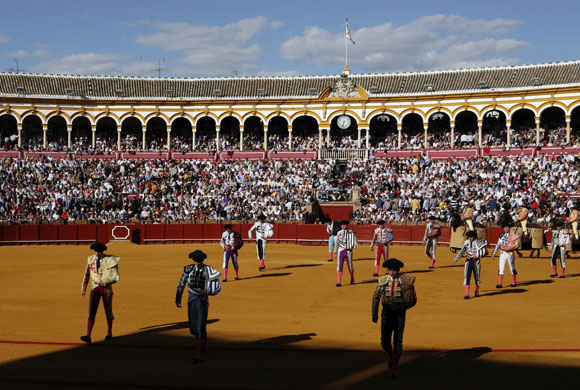 Bullfight season starts: Spanish matadors and their assistants perform the 