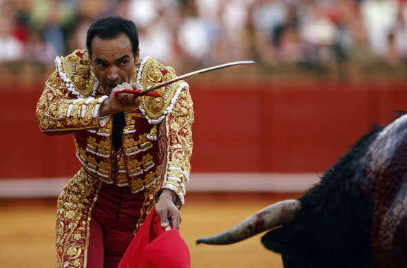 Bullfight season starts: Spanish bullfighter Manuel Jesus prepares to drive a sword into a bull 