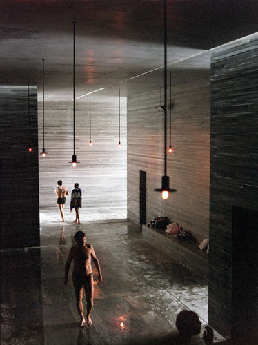 Peter Zumthor architect: People  in the Therme Spa built by Peter Zumthor, in Vals, Switzerland. 