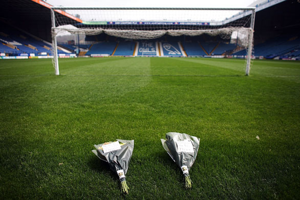 Hillsborough memorial:  Floral tributes lie on the pitch at Hillsborough Stadium