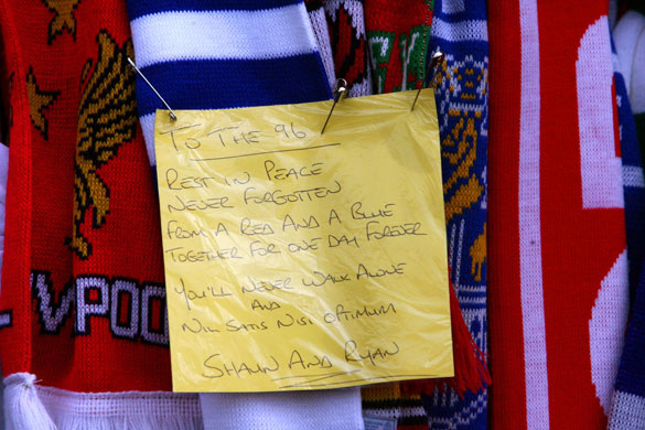 Hillsborough memorial: Football scarves from all over the world are tied to the Shankly Gates