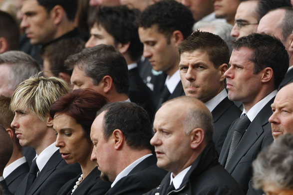 Anfield memorial service: Members of the Liverpool first team listen to readings