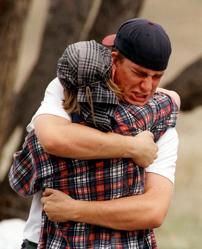 Columbine shootings: Students outside Columbine High School after the shooting spree