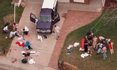 An aerial view shows a triage area near columbine high school in littleton