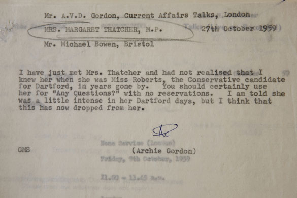 BBC Archives: A memo from 1959 discussing Margaret Thatcher as a guest on Any Questions?