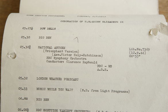 BBC Archives: Broadcast log for the BBC Home Service on the day of the Queen Coronation