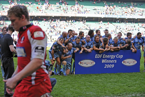 Cardiff v Gloucester: Luke Narraway walks off as the Cardiff team celebrate