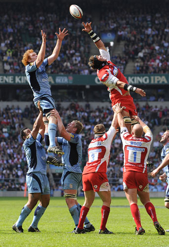 Cardiff v Gloucester: Paul Tito claims a line-out for Cardiff over Alex Brown