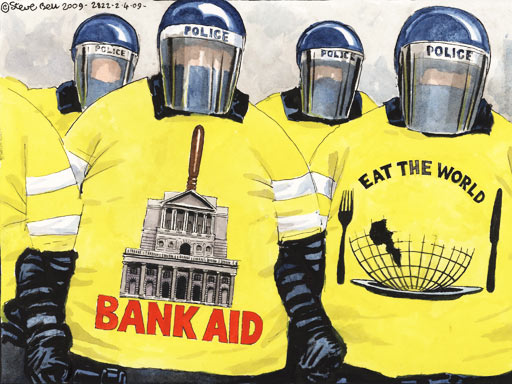 Police show two faces to G20 protesters - A cartoon by Steve Bell