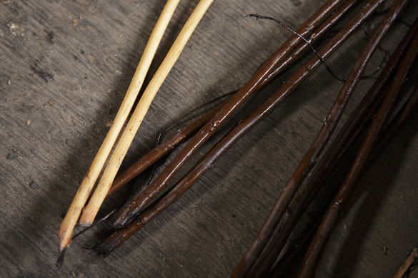 Basket making: PH Coate and Sons: Once the willow has been boiled it is stripped of bark