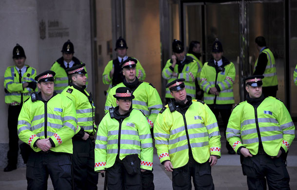 G20 protests day two: Police officers on guard outside the London Stock Exchange City of London.