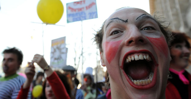 2 April 2009: Kiev, Ukraine: Clowns march to mark April Fool's Day