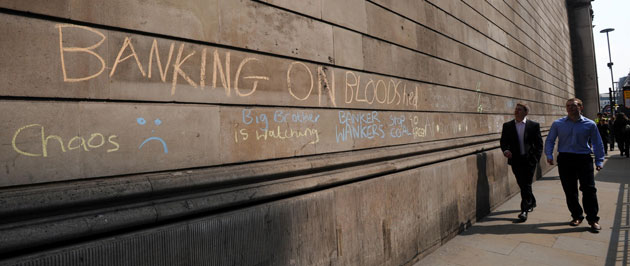 G20 protests day two: Graffiti on the side of the Bank of England from yesterday's protests