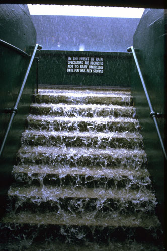 Wimbledon roof: A torrential downpour on the Centre Court at Wimbledon stops play in 1985