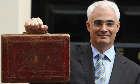 Chancellor of the Exchequer Alistair Darling holds Gladstone's old Budget box