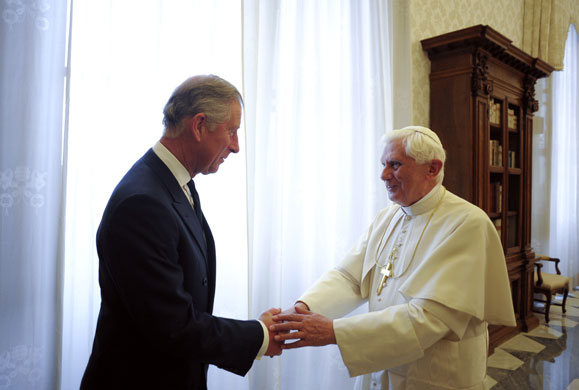 Prince Charles in Italy: Pope Benedict XVI greets Britain's Prince Charles at the Vatican