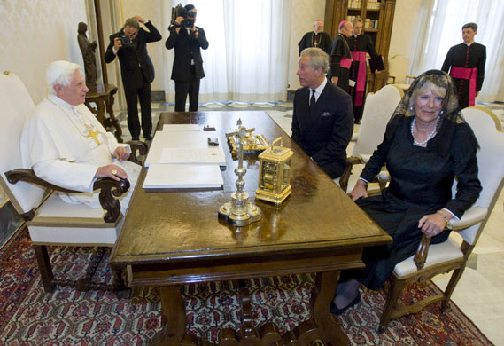 Prince Charles in Italy: Pope Benedict XVI with Prince Charles and his wife Camilla