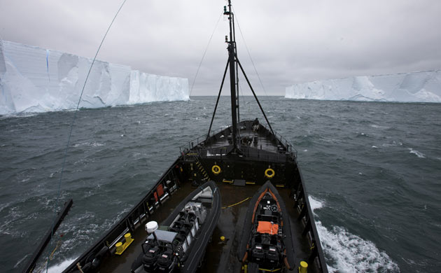 Steve Irwin navigates between two large tabletop icebergs in Antarctica