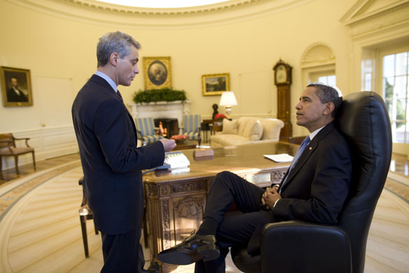 obama 100 days : President Barack Obama meeting with White House Chief of Staff Rahm Emanuel