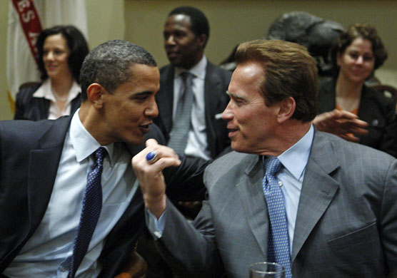 obama 100 days : President Barack Obama with California Governor Arnold Schwarzenegger