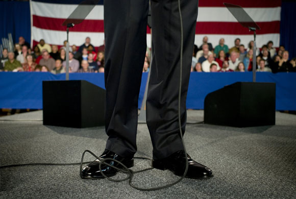 obama 100 days : Barack Obama  addresses Indiana residents during a town halll style meeting