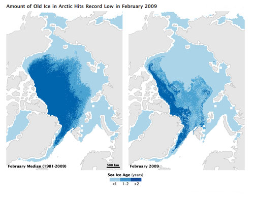 Glaciers under treat: Amount of Old Ice in Arctic Hits Record Low in February 2009