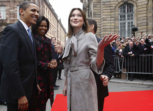 Obama visits Sarkozy : Barack Obama talks with Carla Bruni-Sarkozy  at Palais Rohan in Strasbourg