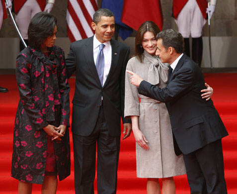 Obama visits Sarkozy : President Obama and  President Sarkozy and their wives in Strasbourg
