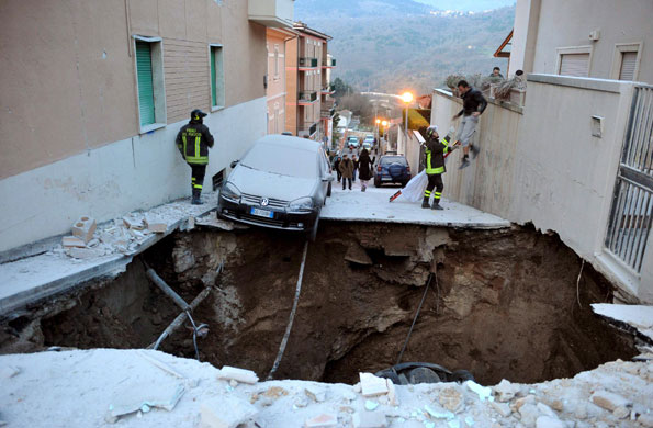 6 April 2009: L'Aquila, Italy: A damaged street following an earthquake